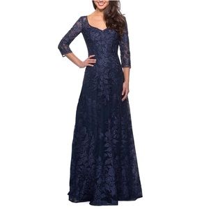La Femme Floral Embroidered Mesh A-Line Gown, Size 4 in Navy